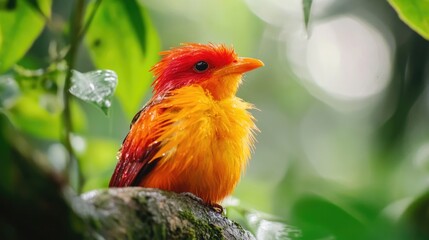Obraz premium A small bird with orange feathers is perched on a branch. The bird appears to be wet, and it is looking up at the camera. The scene is peaceful and serene
