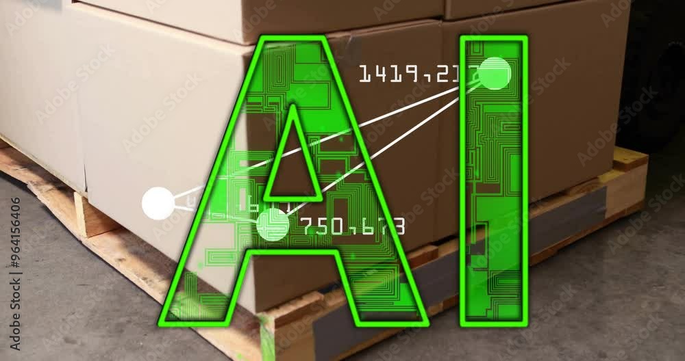 Poster AI text with circuit patterns over stacked cardboard boxes in warehouse