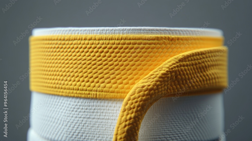 Poster a yellow band is wrapped around a white object. the yellow band is made of a fuzzy material and is w