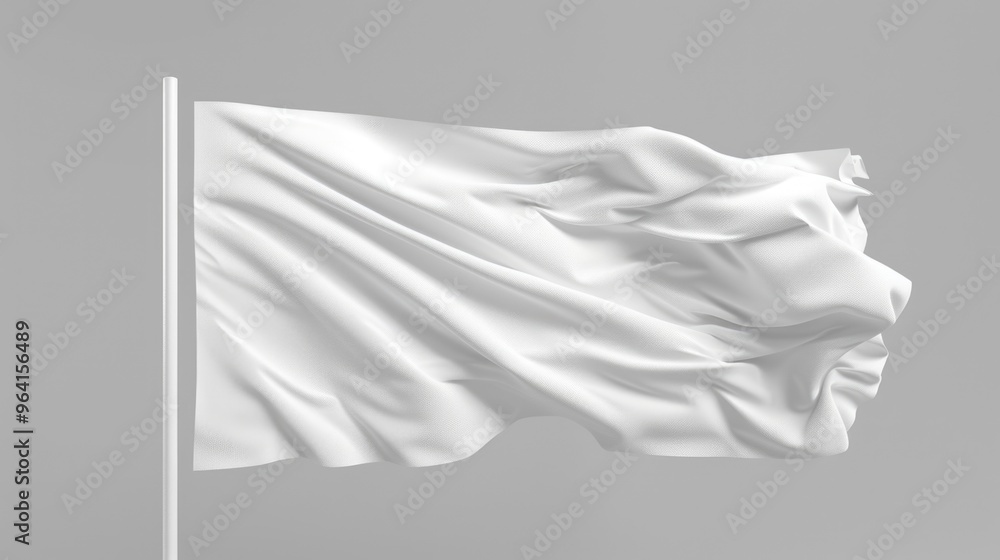 Poster a white flag is blowing in the wind. the flag is on a pole and is very large