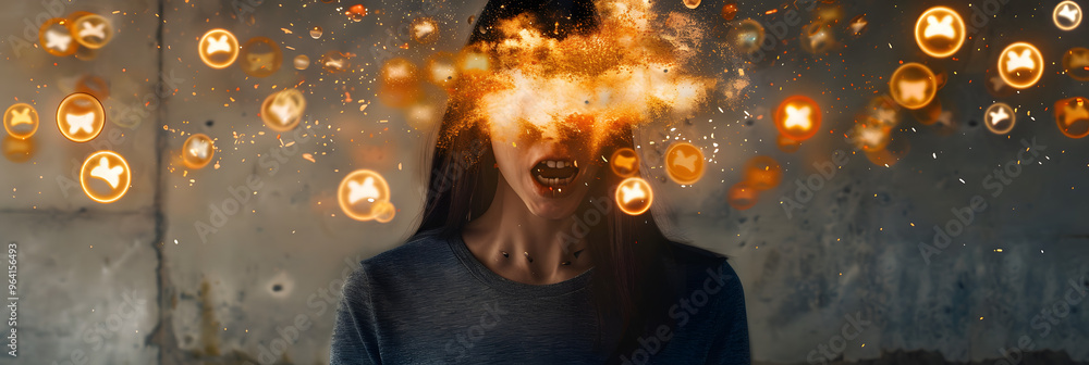 Poster a social media influencer with emojis exploding from their cranium and symbolizing the concept of on