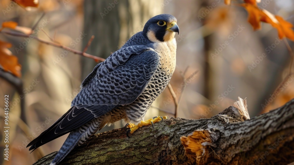 Poster a falcon is perched on a tree branch. the bird is looking to its left. the image has a calm and peac