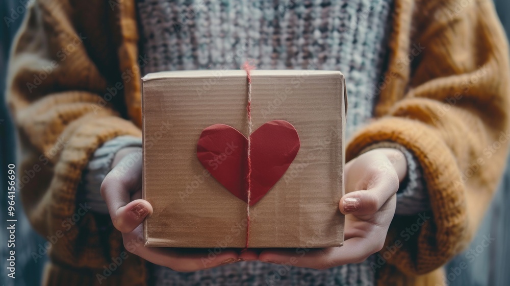 Poster a woman is holding a box with a heart on it. the heart is red and is tied to the box with a string. 