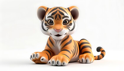 Cute 3D Cartoon Tiger Cub Lying Down  Isolated on White Background  perfect for children's books, illustrations, and branding.