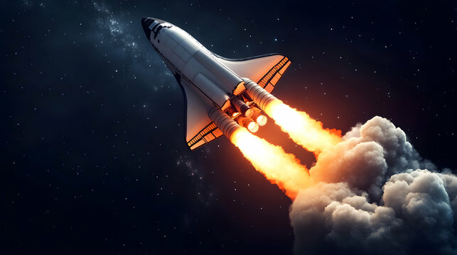 A sleek space shuttle launching into orbit, flames and smoke trailing behind it as it ascends into the dark sky, capturing the power of space travel