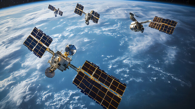 An array of cutting-edge satellites positioned in low Earth orbit, capturing data from the planet's surface and transmitting signals across space