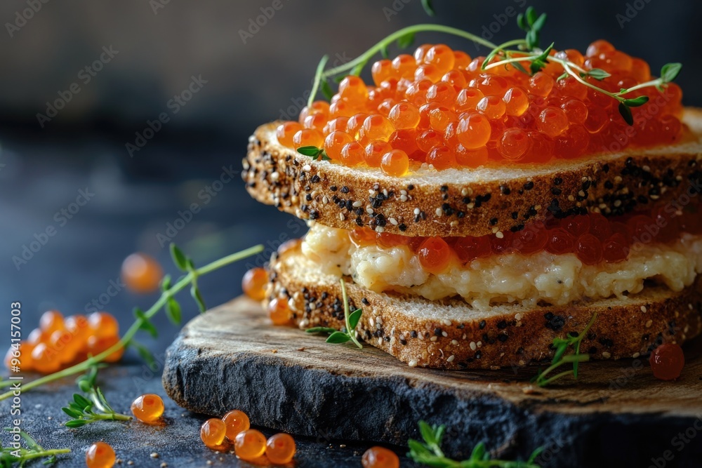 Poster a sandwich with a layer of red caviar on top. the caviar is surrounded by a few pieces of bread and 