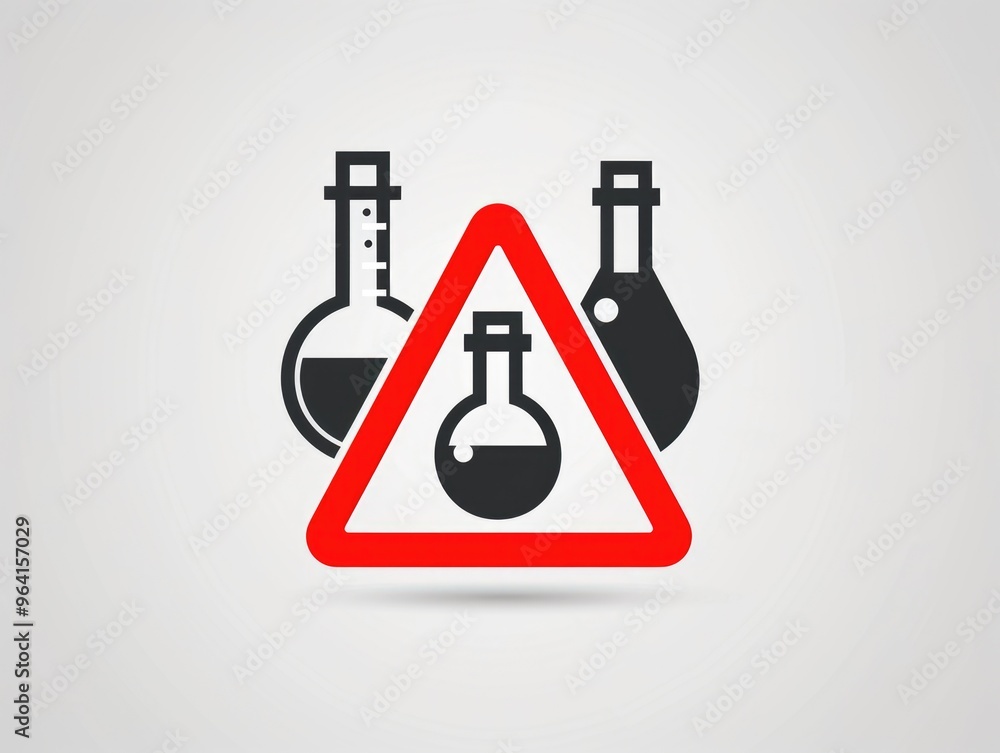 Poster a red triangle with three beakers in it. the beakers are all different sizes and are filled with liq