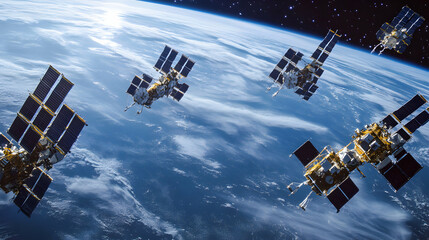 An array of cutting-edge satellites positioned in low Earth orbit, capturing data from the planet's surface and transmitting signals across space