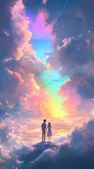 Two Silhouettes Standing on Clouds Under a Vibrant Sky