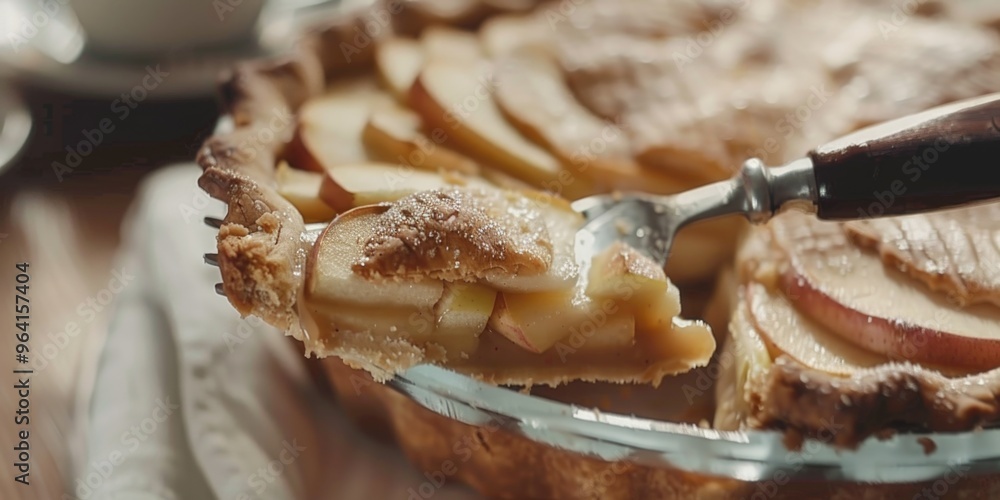 Poster a slice of apple pie is being served with a fork. the pie is cut into pieces and is placed on a wood