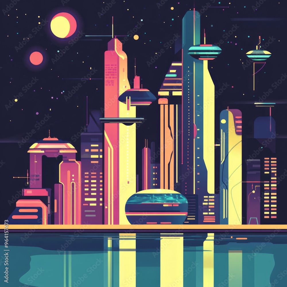 Poster Futuristic cityscape with tall buildings and glowing neon lights reflecting in a body of water.