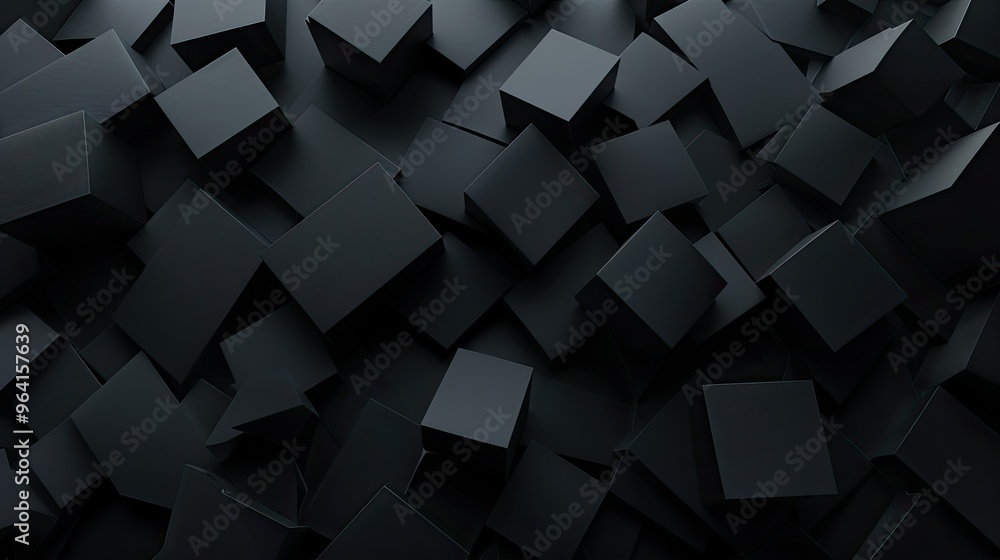 Poster a dynamic arrangement of black cubes creating a textured, abstract background.