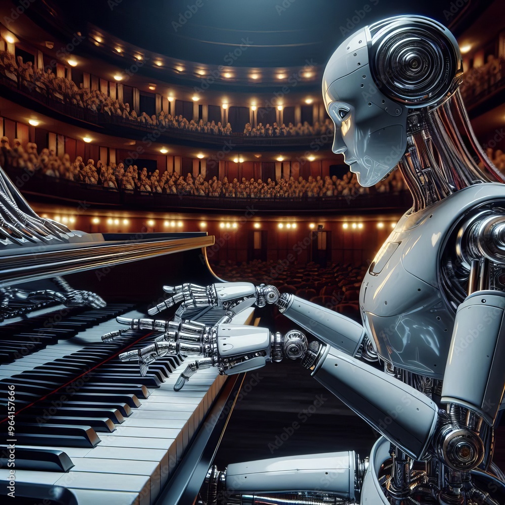 Poster a futuristic scene featuring a robot playing a grand piano on stage before an audience. the intricat