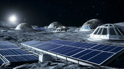 A large solar farm on the Moon, capturing energy from the sun, with domed structures in the background for human habitation