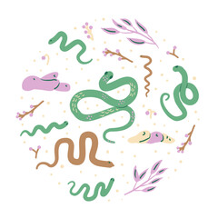 Snakes round badge. Chinese New Year snake circle emblem. Vector hand drawn illustration isolated on white background.