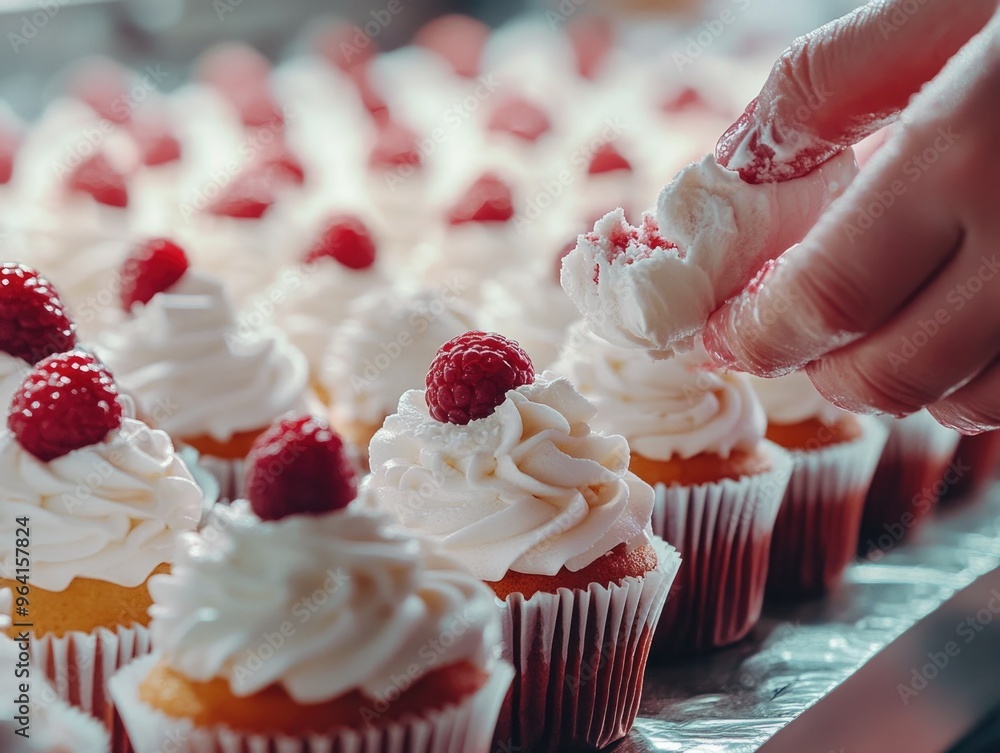 Poster a person is eating a cupcake with a raspberry on top. the cupcakes are arranged in a row on a tray