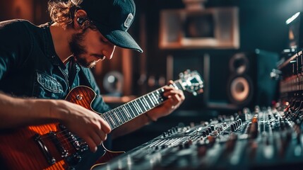 Obraz premium A guitarist recording a track in a professional studio, surrounded by recording equipment