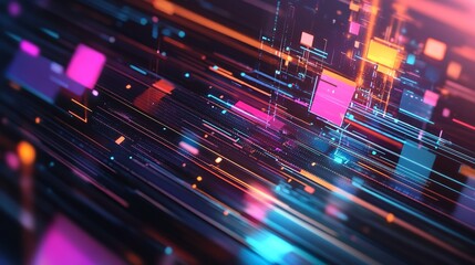 Glowing Digital Lines and Blocks with Neon Highlights