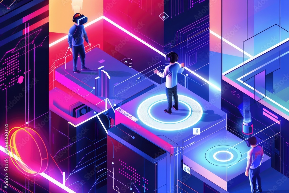 Poster a man and a woman are standing on a platform in front of a large circle. the platform is surrounded 