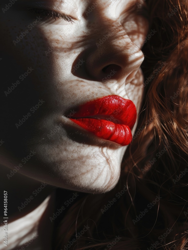 Wall mural a woman with red hair and a red lipstick. the lipstick is bold and stands out against her pale skin.