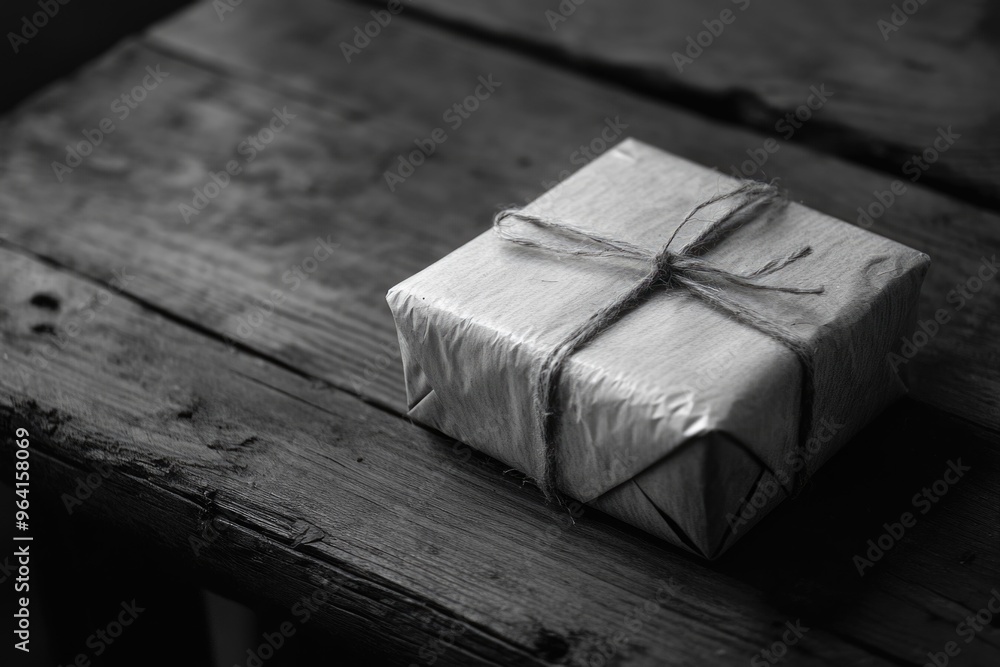 Poster a small gift box with a string tied around it sits on a wooden table. the box is wrapped in shiny pa