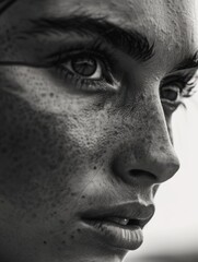 Naklejka premium A woman with a very dark face and a lot of freckles. She has a very serious look on her face