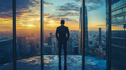 Fototapeta premium Silhouette of a Businessperson Looking Out at City at Sunset