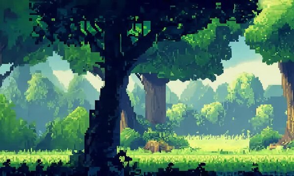 pixelated retro game style, Driving through lush green forest roads, 4K video stock