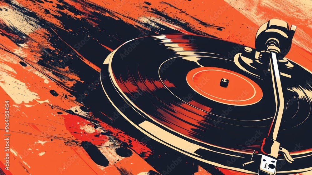 Poster a record player is spinning a record on a table. the table is covered in paint splatters