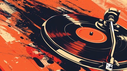 A record player is spinning a record on a table. The table is covered in paint splatters