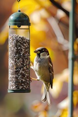 A bird is perched on a bird feeder