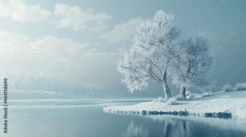 Poster a snowy landscape with a tree in the foreground. the tree is bare and covered in snow. the sky is cl