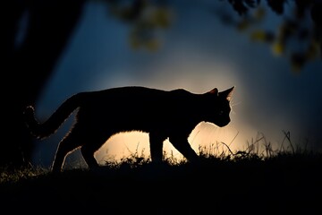 Silhouette of a Cat Walking at Sunset