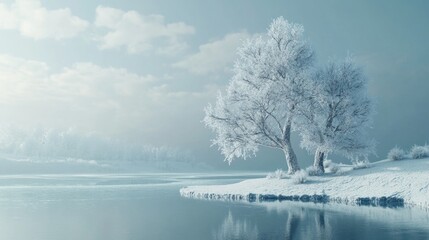 A snowy landscape with a tree in the foreground. The tree is bare and covered in snow. The sky is cloudy and the water is calm. The scene is peaceful and serene