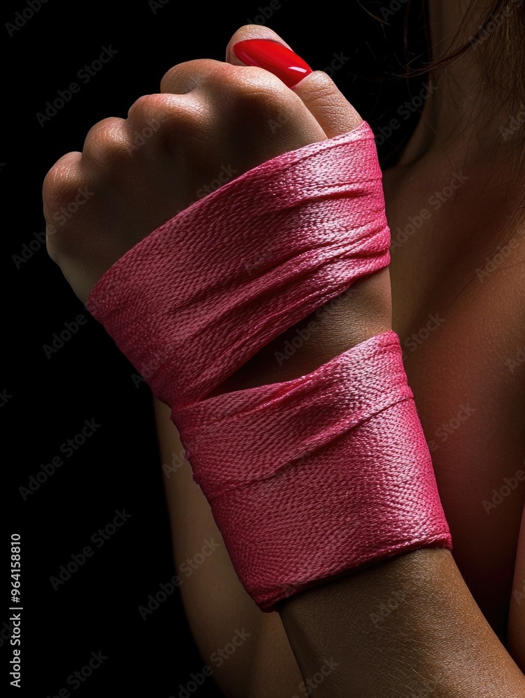 Sticker a woman's hand is wrapped in pink bandages. concept of strength and resilience, as the woman's hand 