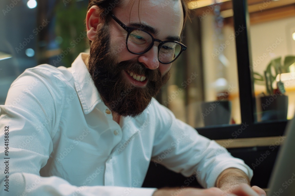 Poster a man with a beard and glasses is smiling while using a laptop. he is enjoying himself and is likely