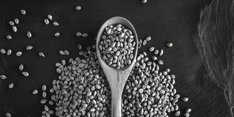 Fototapeta premium A spoonful of grain is on a black surface. The grain is scattered and the spoon is the only thing that is in focus