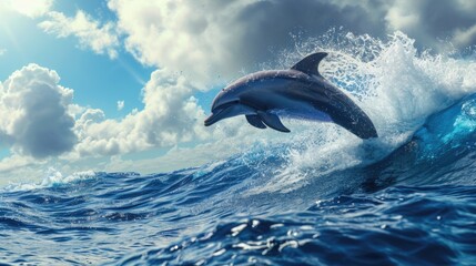 Naklejka premium A dolphin is jumping out of the water. The sky is cloudy and the water is blue