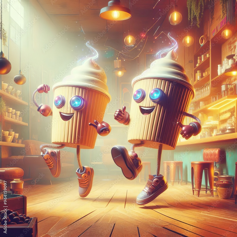 Poster two animated cupcakes with joyful expressions dance energetically in a lively cafe setting. the warm