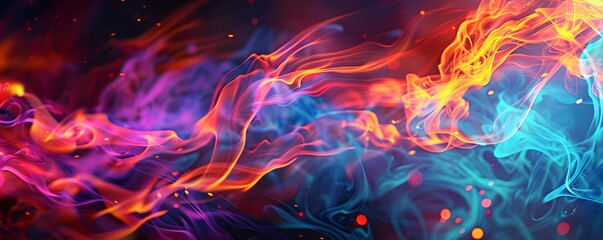 Fototapeta premium Abstract swirling blue, red, and orange smoke with bokeh lights.