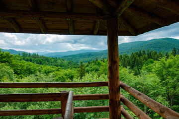 Bieszczady góry las drzewa dolina wieża widokowa niebo chmury wiosna lato pochmurnie burza © Dariusz