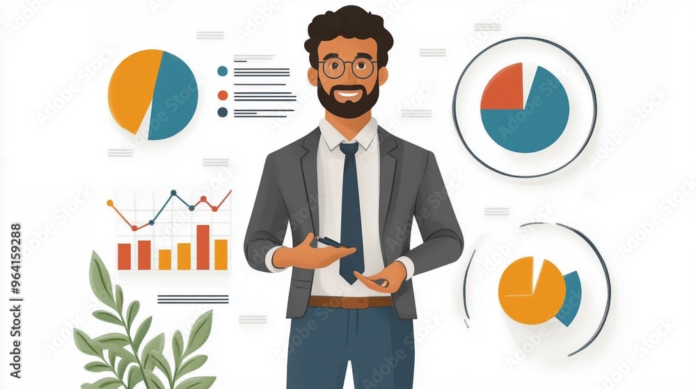 Poster professional businessman in a grey suit presenting analytics with colorful graphs and charts.