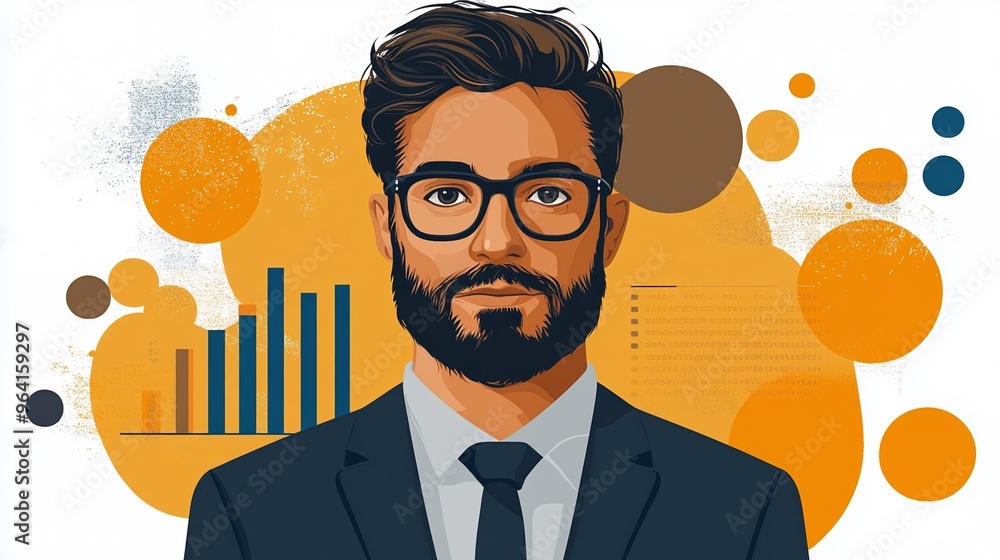 Poster portrait of a confident businessman with abstract background representing data and analysis