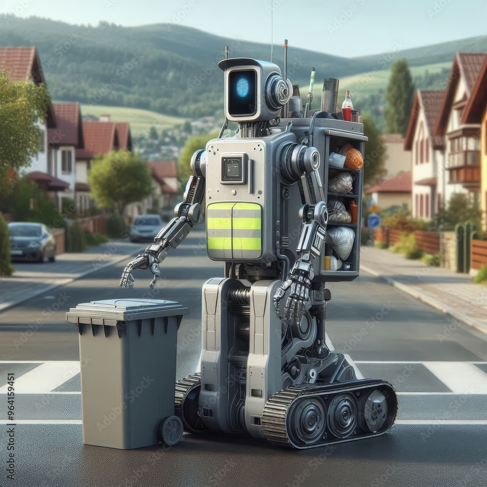 Poster a high-tech robot equipped with various tools is seen performing cleanup duties in a suburban neighb