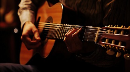 Fototapeta premium A guitarist tuning their instrument before a performance, focused and ready to play
