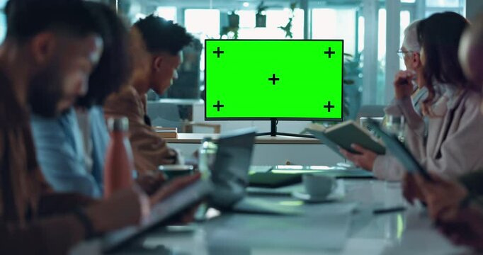 Business people, meeting and green screen with team for presentation, video conference or webinar. Group, employees or chromakey display with tracking markers or mockup space for online seminar