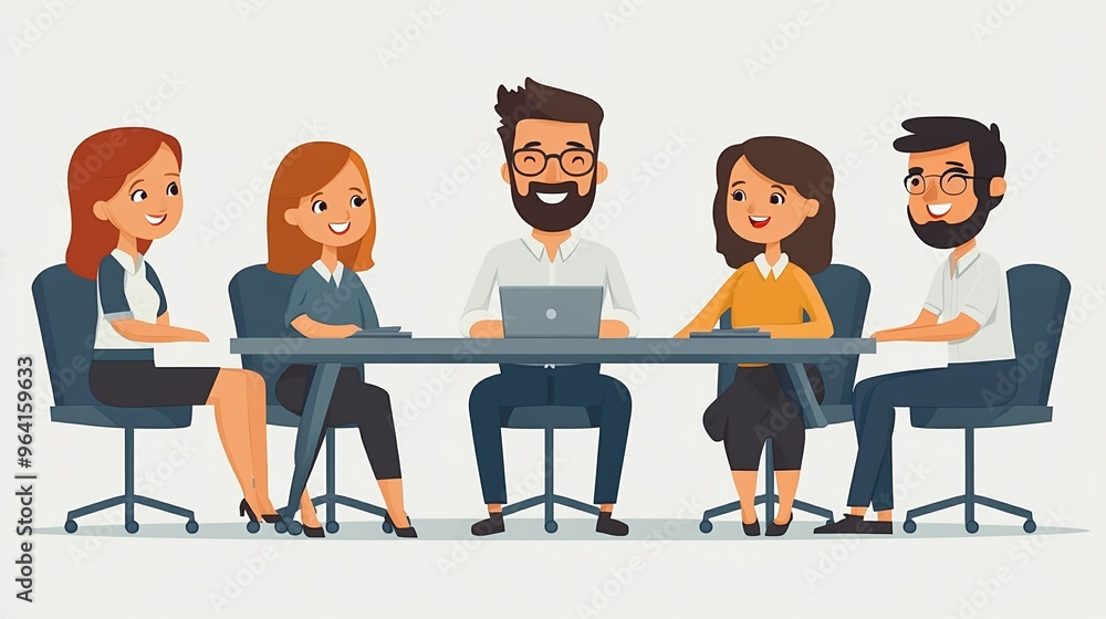 Poster office team collaboration in a business meeting with smiling colleagues around a table