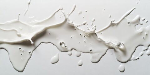 A white liquid splatters across a white background, creating a messy and chaotic appearance. Concept of disorder and unpredictability