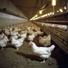 A large chicken farm with many white chickens. There is an electronic screen on the wall displaying...